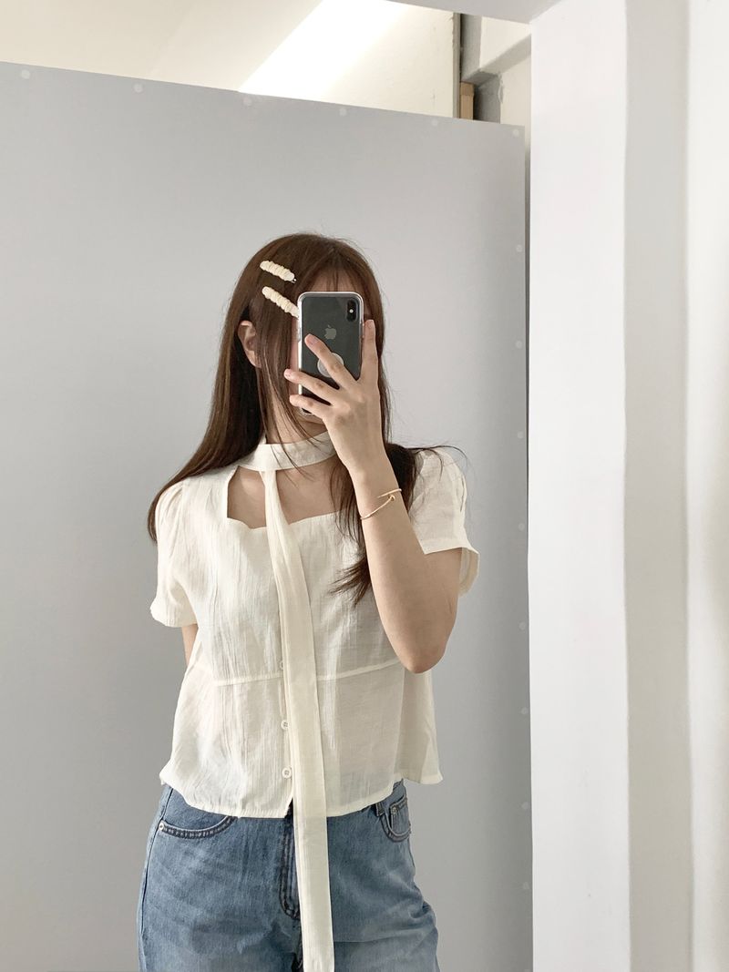 Blian Puff Short Sleeve Blouse Scarf Tie Set