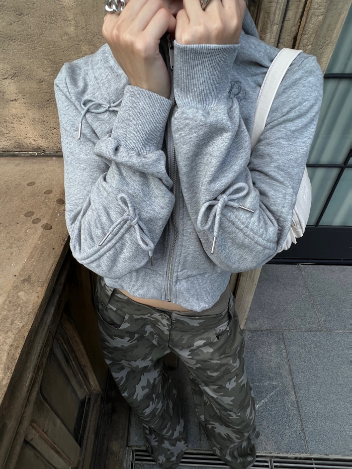 Ribbon Shirring Cropped Hood Zip-up_Gray