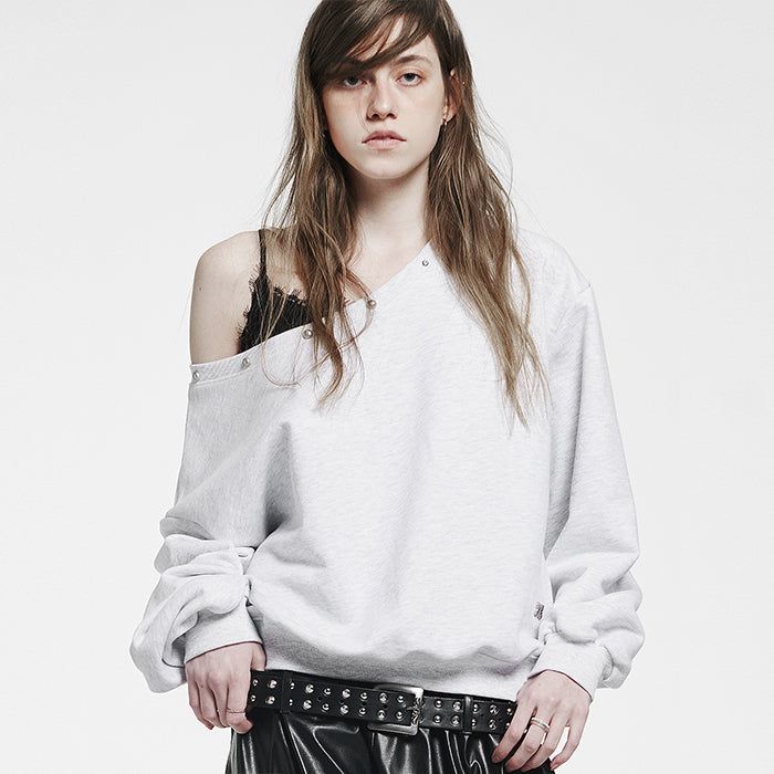 Holy Symbol Off-shoulder Sweatshirt_WHITE MELANGE