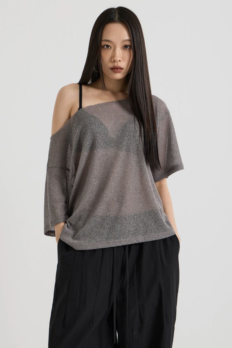 Knit one-shoulder t-shirt, Charcoal