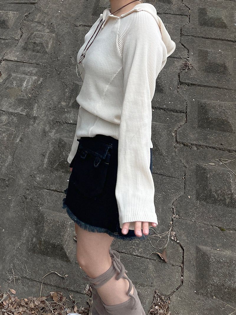 Waffle cut diagonal knit hood