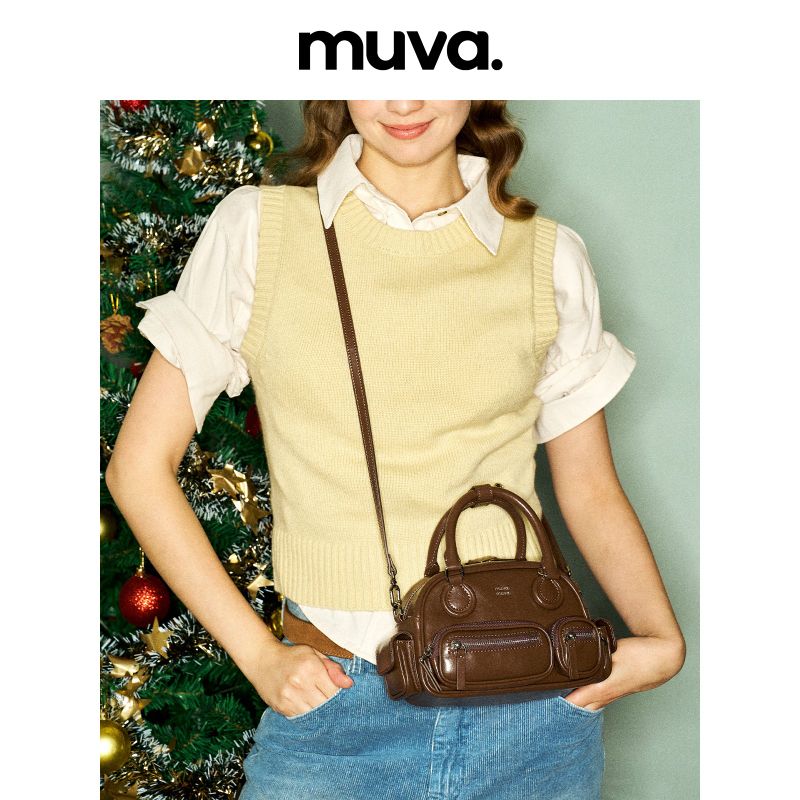 muva.レザー ボウリングバッグ マルチポケット 2WAY ショルダー＆クロスボディバッグ