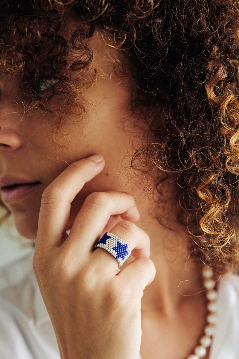 Blue Star Silver Beads Ring