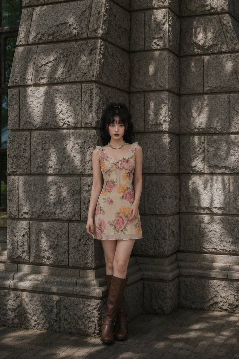 VINTAGE ROSE RUFFLE-STRAP MINI DRESS