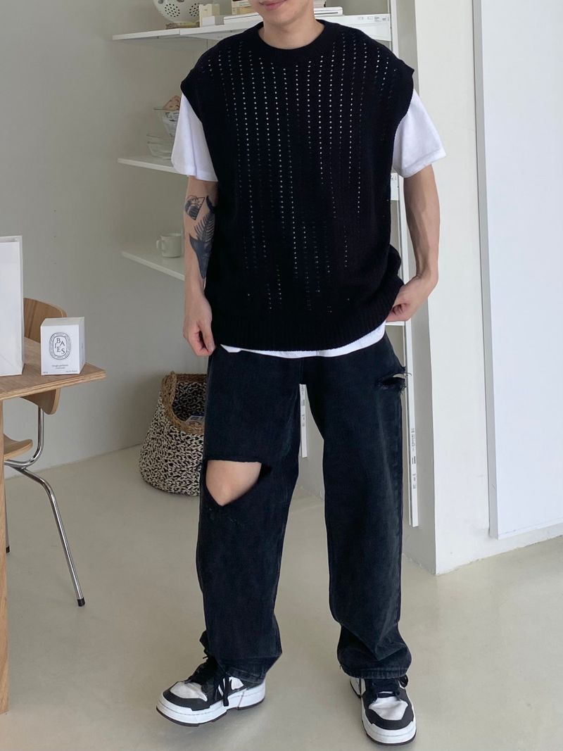 Punching knit round vest 2C