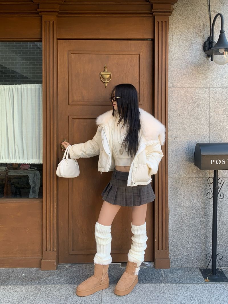 Ice Bloom Fur-Collar Duck Down Short Puffer