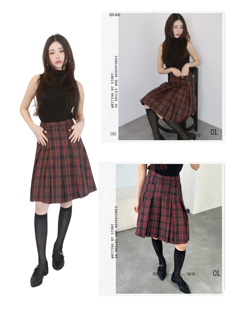 Red Preppy Checkered Midi Pleats Skirt