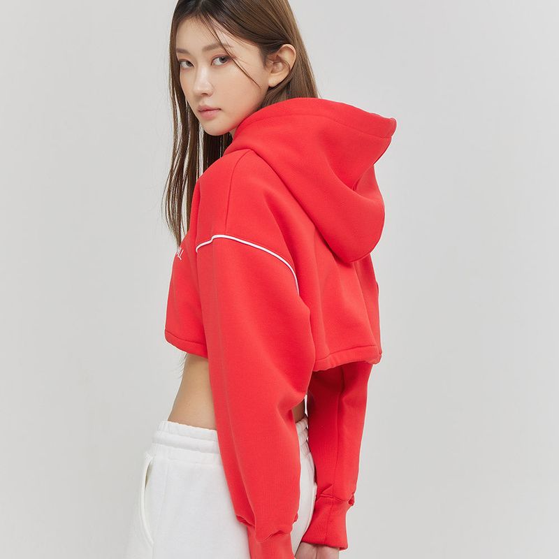 Oversize Line Point Crop Hoodie Red