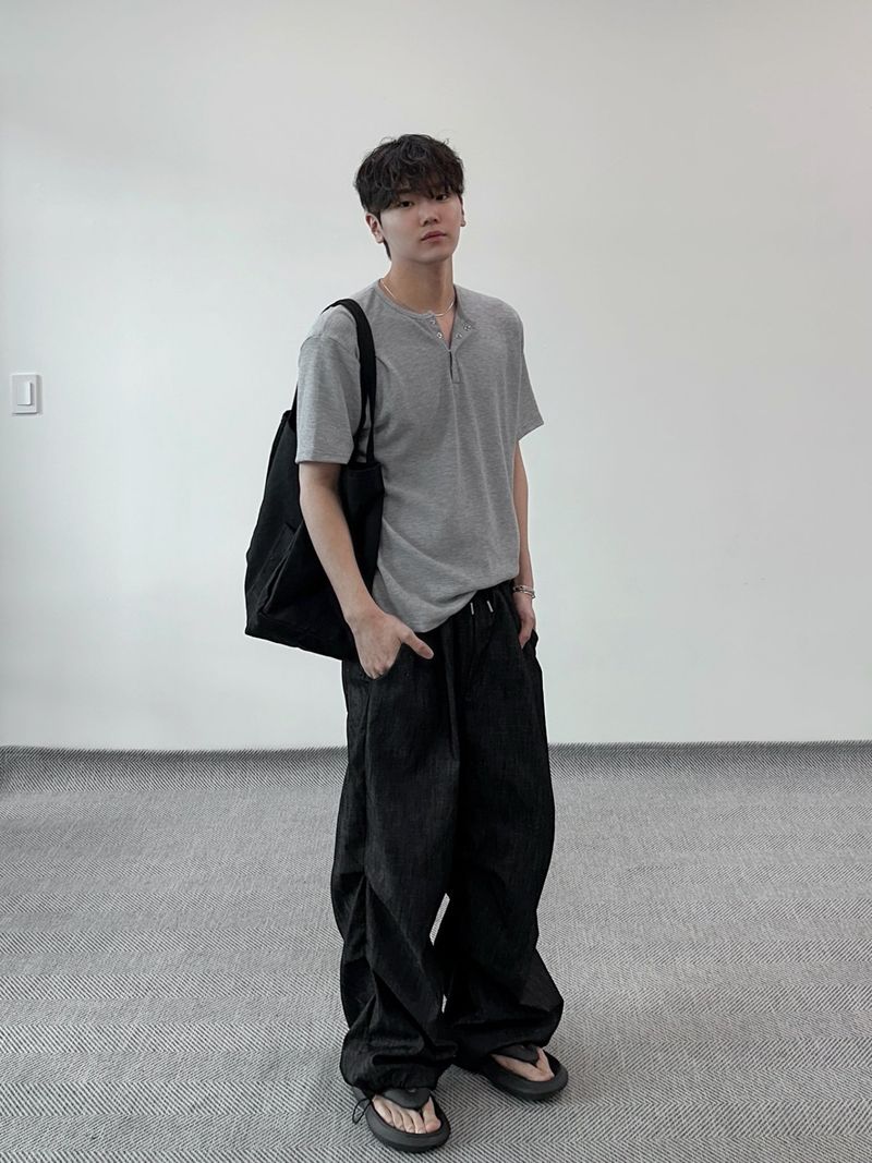 ワッフルヘンリーネックハーフTシャツ