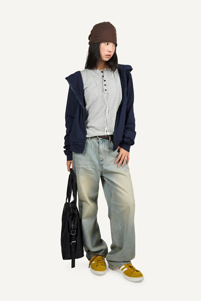 Henley neck slub cotton long sleeve