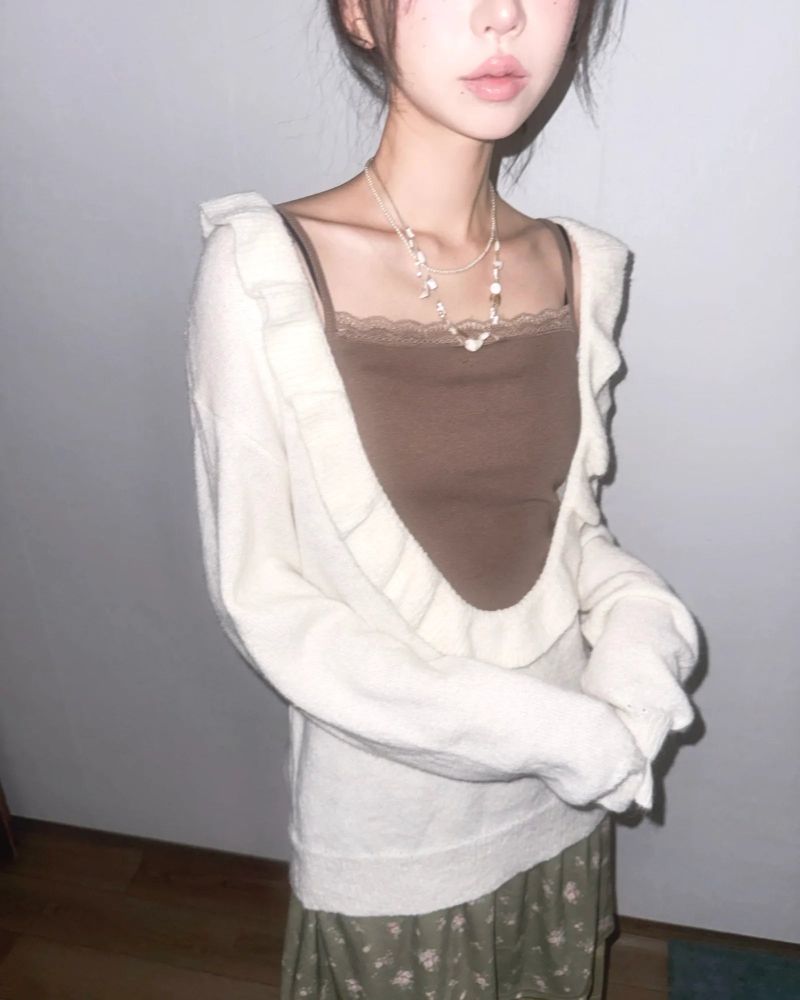 (3color) Frill Deep U-Neck Wool Knit