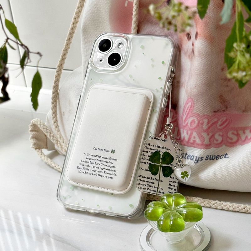 [SET]green four leaf clover magsafe case + card pocket + clover grip