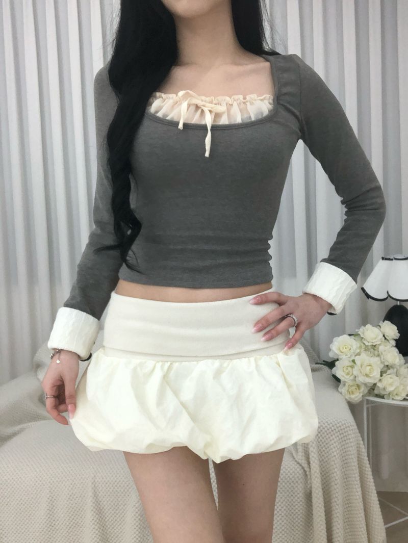 Gray Frill Mix Knit Top