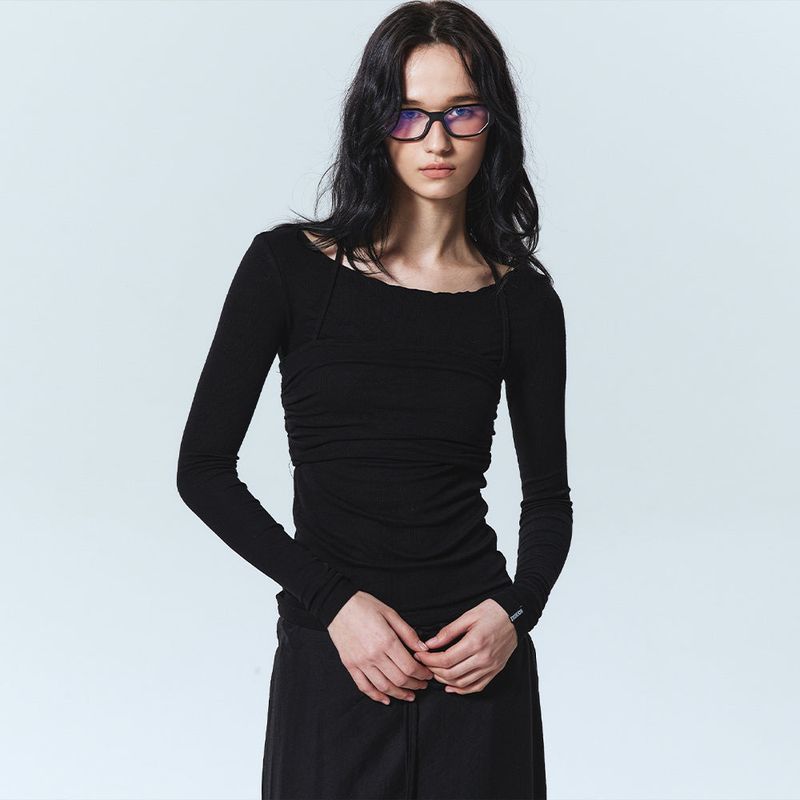 HALTERNECK LAYERED LONG SLEEVED TEE_BLACK