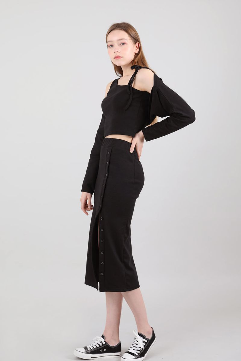Button Banding Long Skirt Black