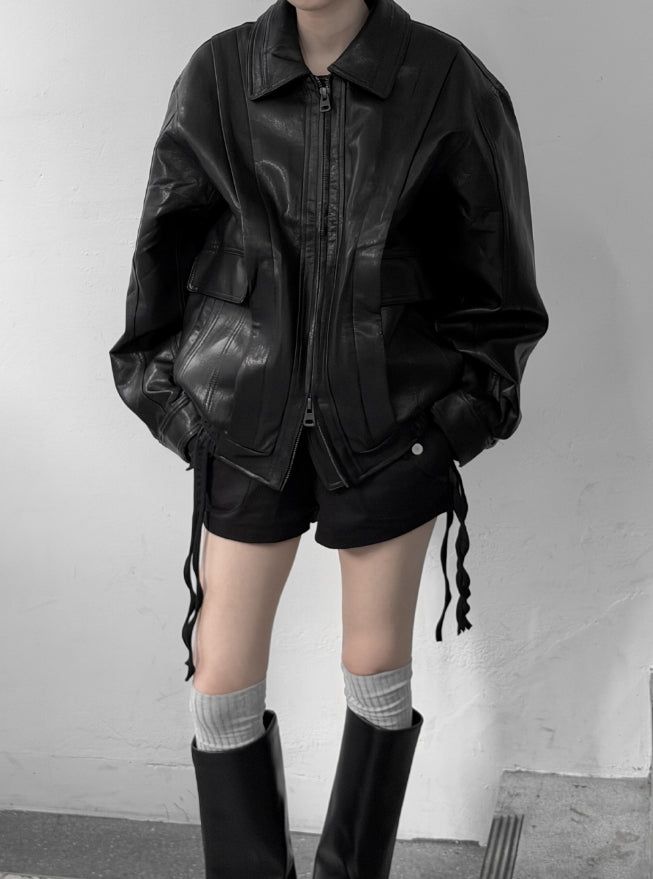 (unisex) Panel Deep Two-Way Leather Jacket