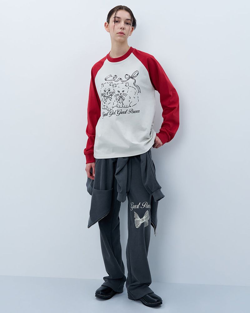 RIBBON CATS RAGLAN LONG SLEEVE-RED