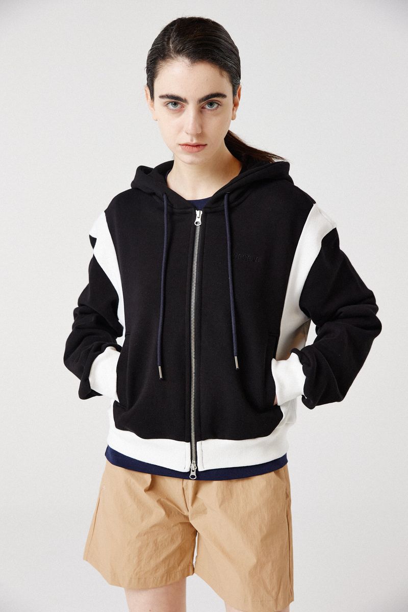 side-rib zip-up hoodie_black/white