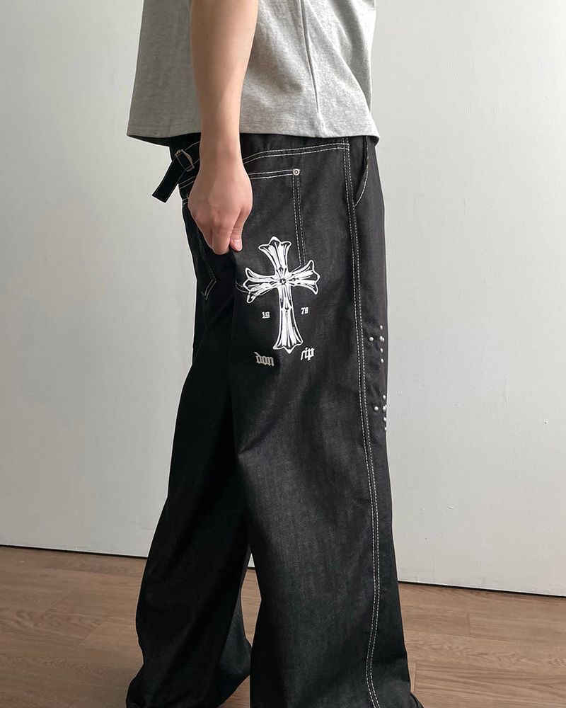Cross Printing Denim Pants