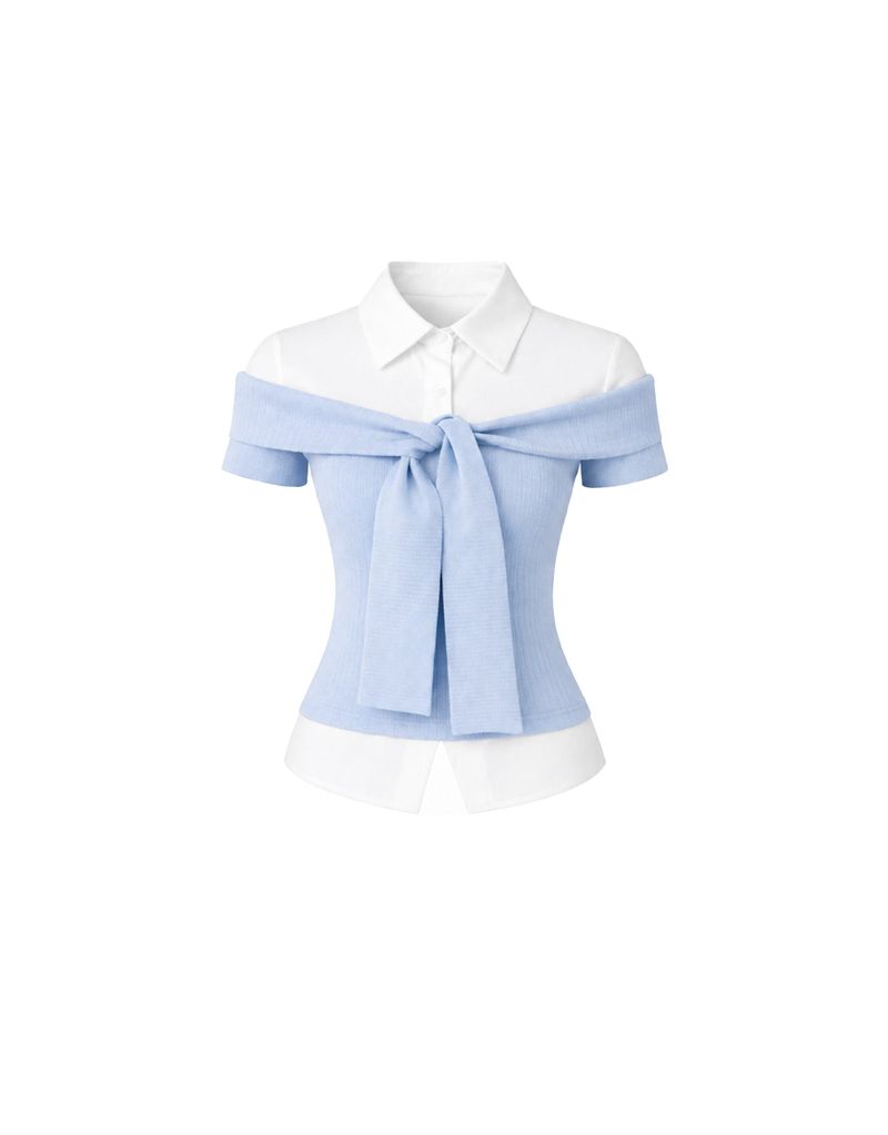 TWEEDY-A（ツウィーディア）の「エリー オフショルダー タイ リブ ショートスリーブ ニットTシャツ スカイブルー（トップス）」