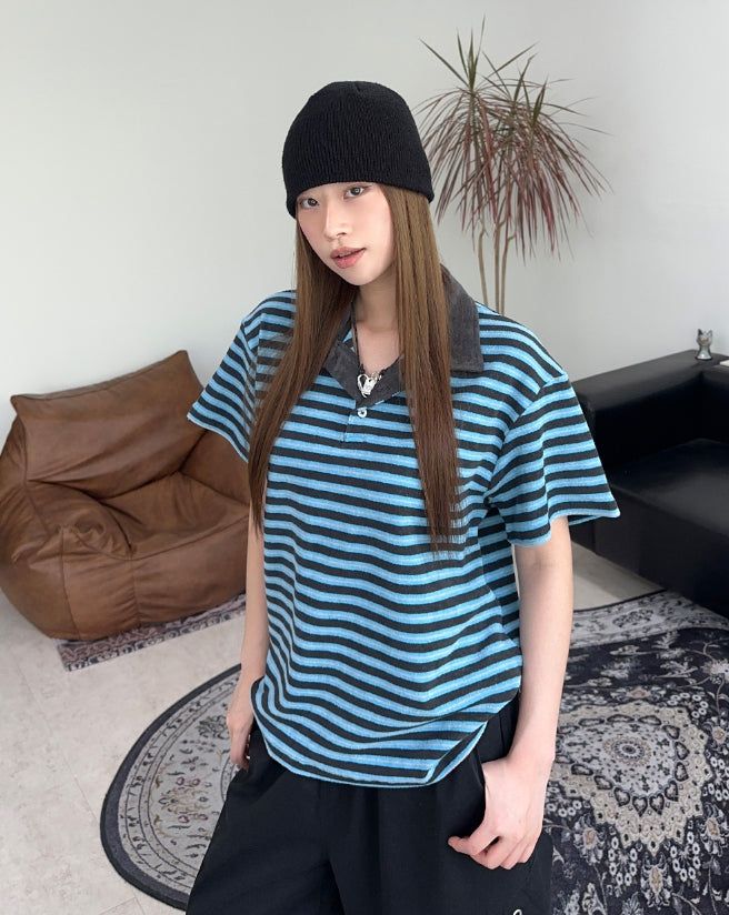 Gaen Terry Stripe Collar Tee