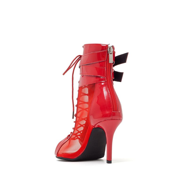 Sheer Buckle Lace-Up Open Toe Heel(Red)