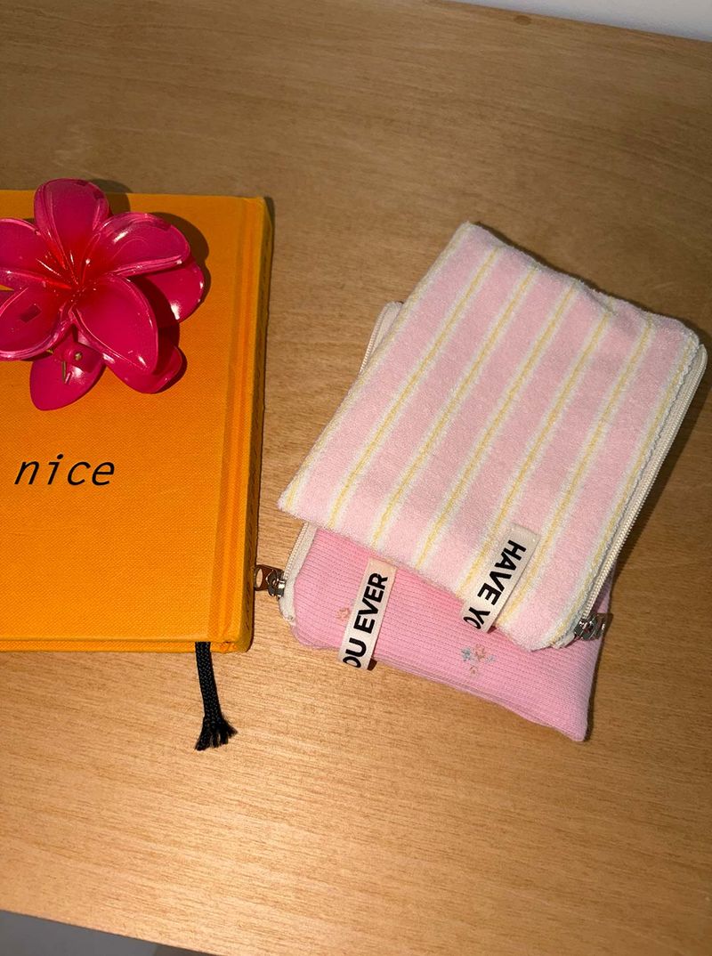 Terry candy stripe flat pouch - pink , M size