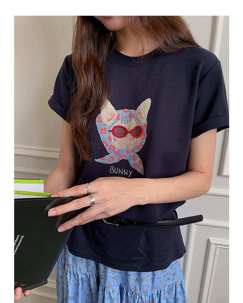 Beaded Glasses Graphic Crew Neck T-Shirt