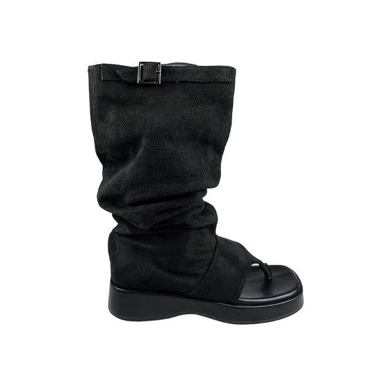 Pin buckle suede flip flops boots