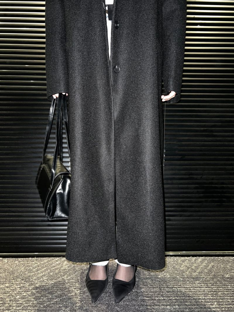 [UNISEX] Wool back button maxi long coat (Black)
