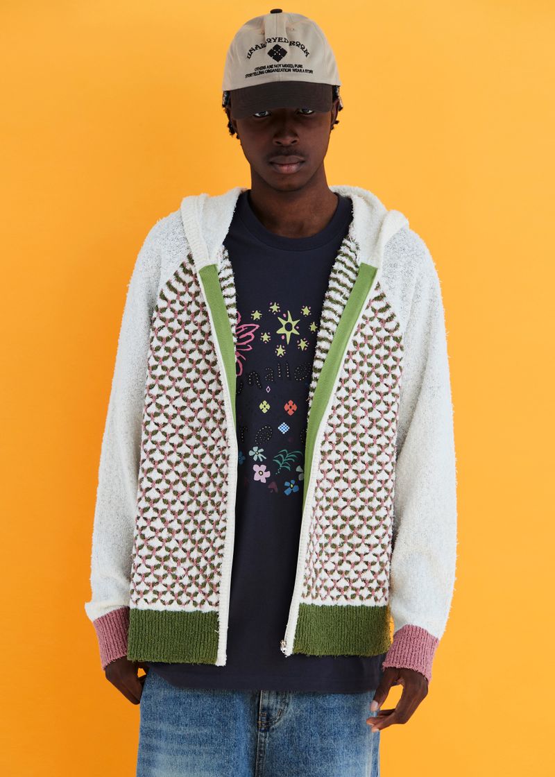 EMBOSSING CLOVER KNIT ZIP-UP HOODIE / IVORY
