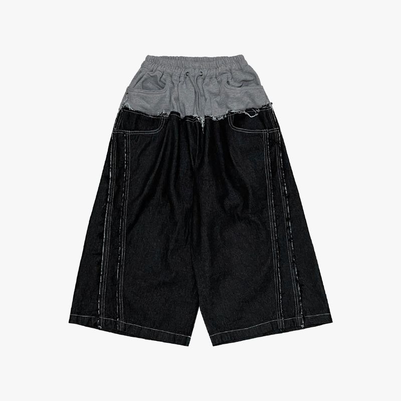 layered deconstructed denim capri shorts_black