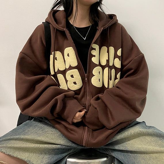 Nubon boxy napping embossed lettering hooded zip-up