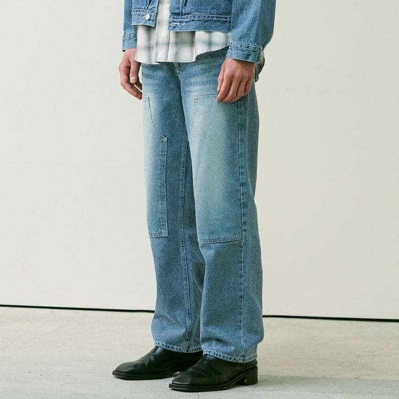 STRAIGHT DOUBLE KNEE WASHED DENIM PANTS BLUE