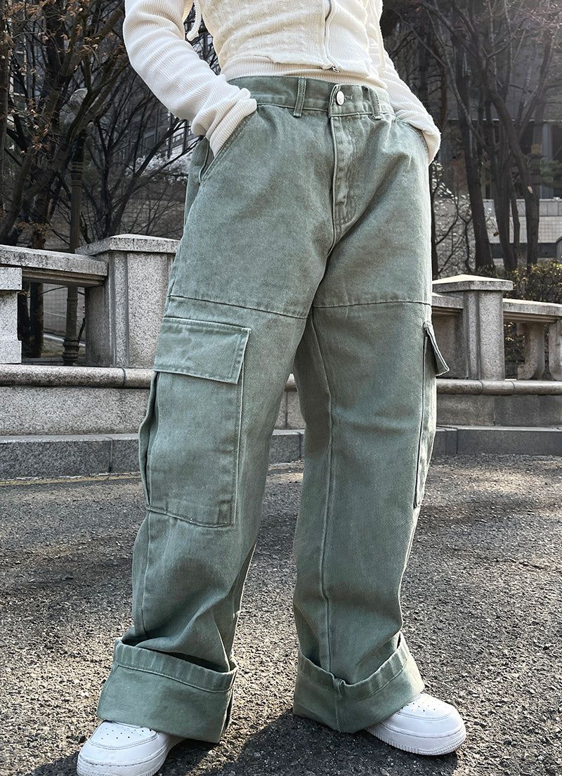 Ding denim slit wide cargo pants