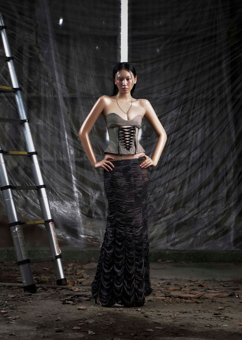 NONE Ruched Mesh Maxi Skirt