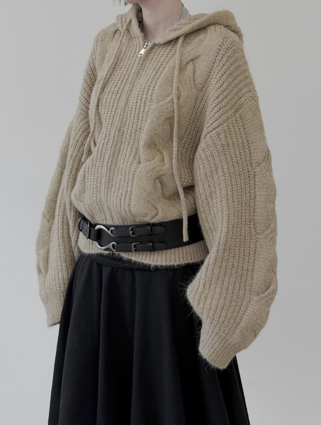 Cable Two-Way Knit Hood Zip-Up