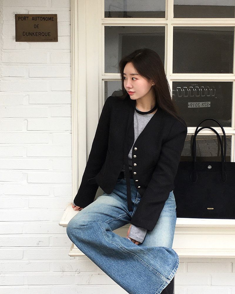 No-Collar Tweed Jacket with Tie Set