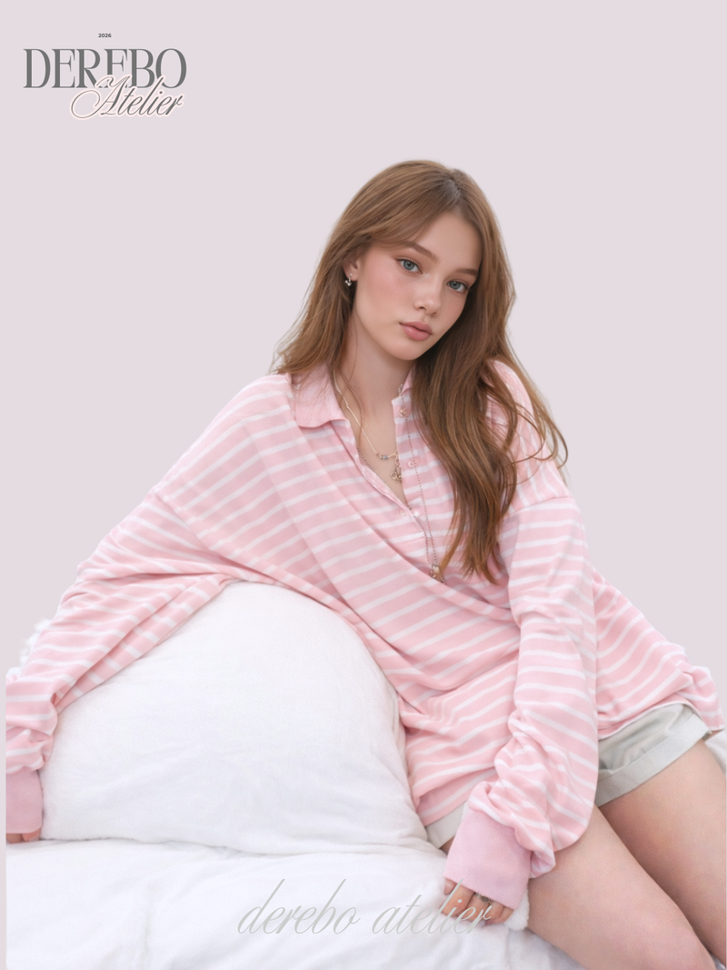 dereborujo（ドレボルゾー）の「Pink Stripe Loose Collar Tee（Tops）」