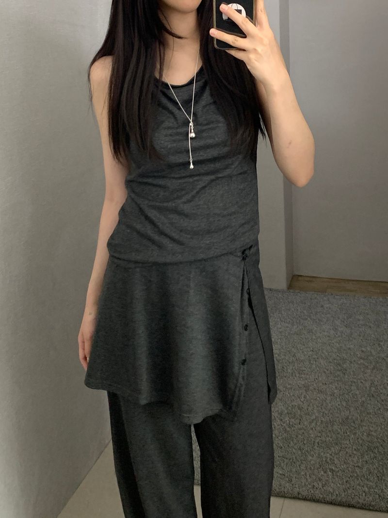[set] Willow Drape Sleeveless Top &   Elastic-Waist Skirt-Pants Set