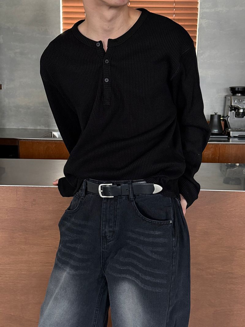 Waffle henry neck loose long sleeves(4color)