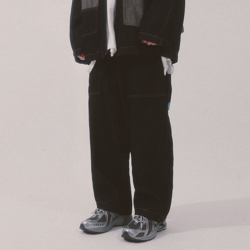 stripe patch denim pants_black