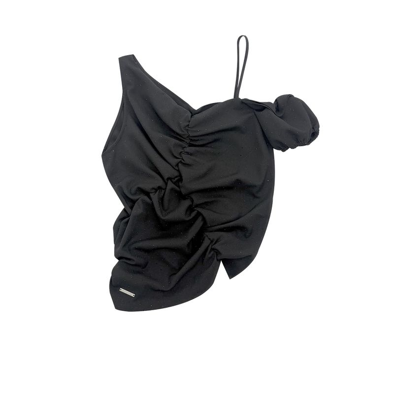 ONE-SHOULDER SHIRRING BLOUSE_BLACK