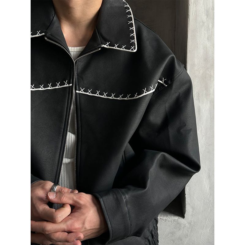  [PREMIUM][HANDMADE] Stitch western leather blouson(2color)