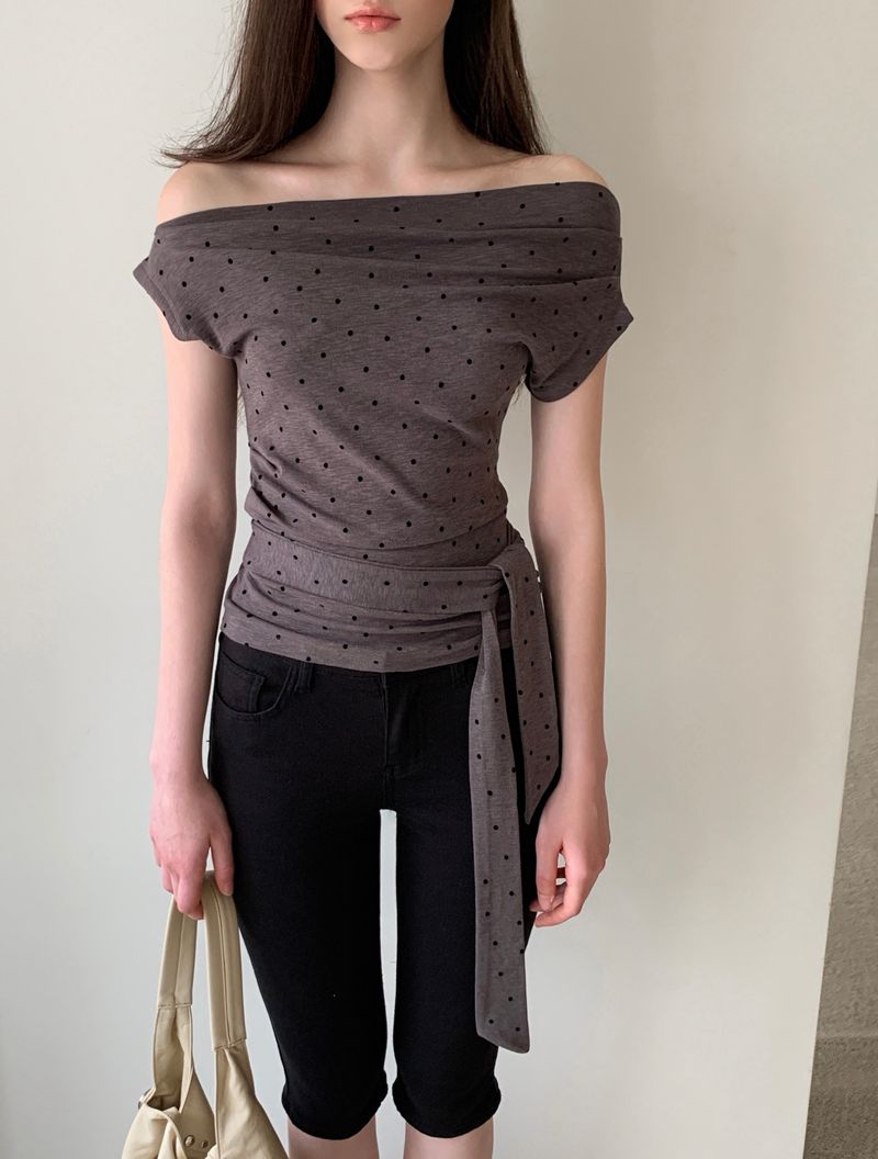 [ORIGINAL] Raise Dot One-Shoulder Wrap T-shirt