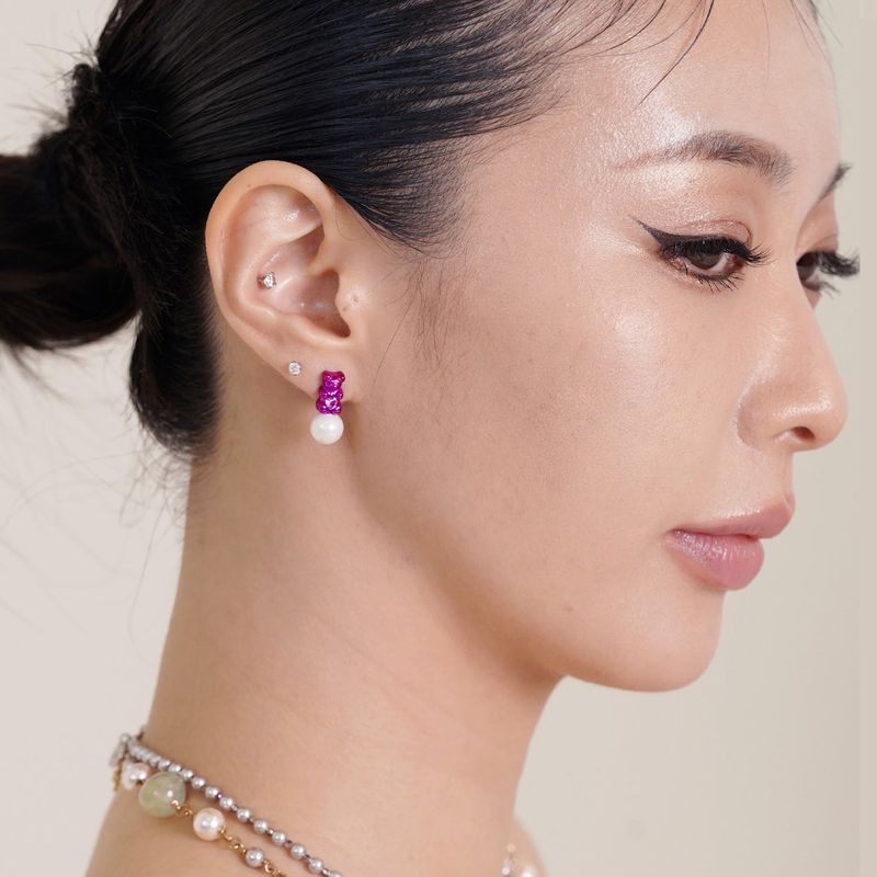 Petit Bear Pearl Earrings_Pink