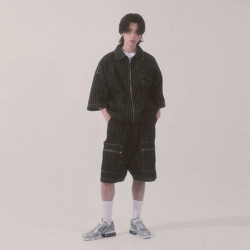 stripe denim shorts_black