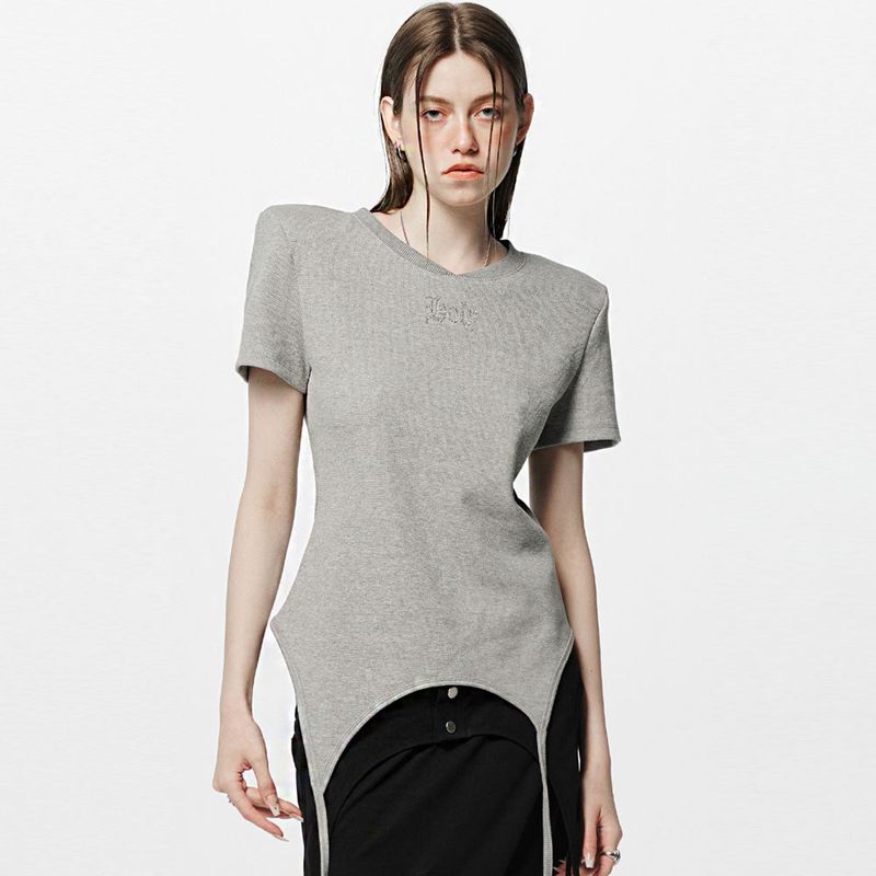 ショルダーパデットワッフルTシャツ _ グレー