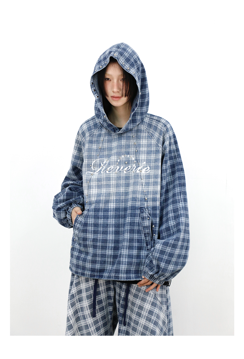 RELABEL (Gemeng) Stud-embellished, printed, gradient-wash checked hooded denim sweatshirt