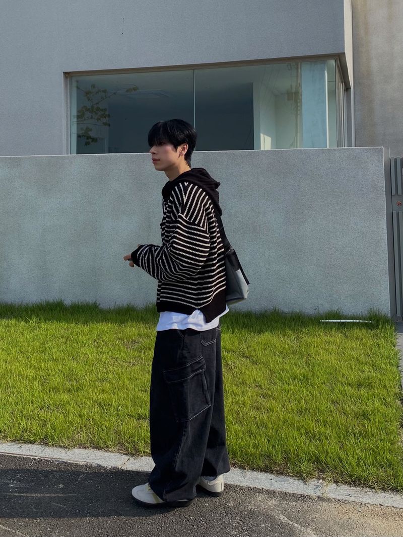 Stripe knit hooded zip up 3C